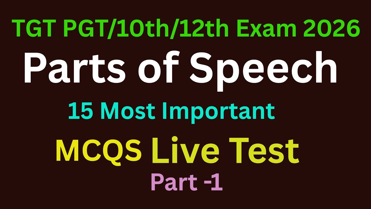 TGT PGT English Exam 2026|10th & 12th Board Exam2026|Parts of Speech MCQS Live Test|Part 1
