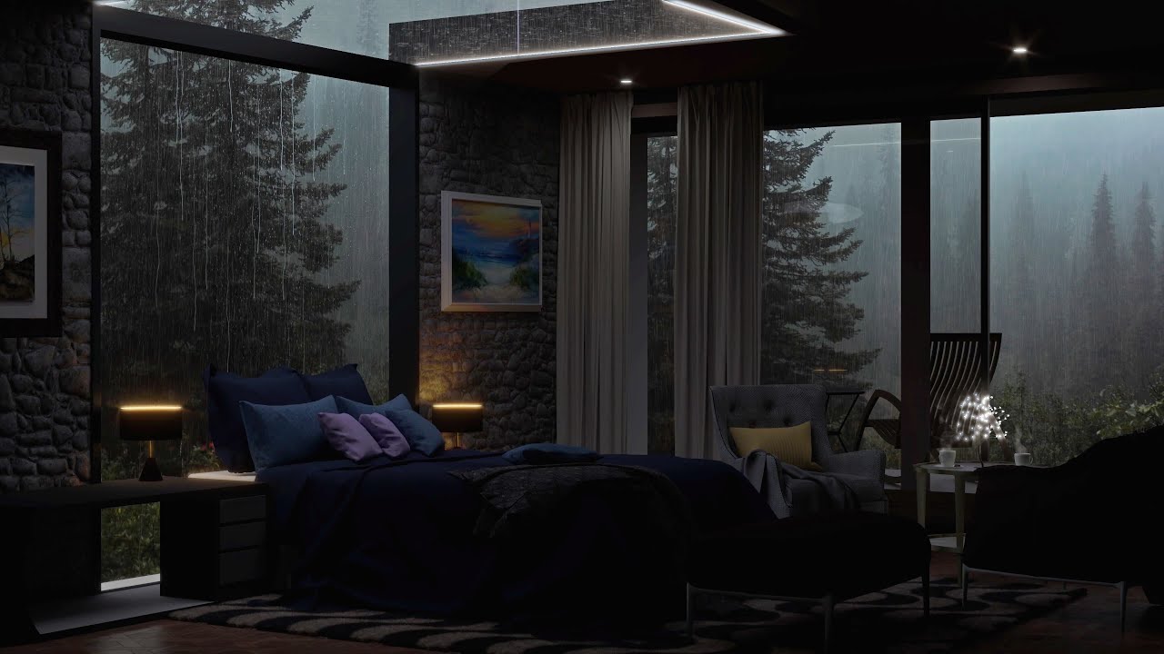 Sleep in a forest house with rain and thunderstorms sounds rain