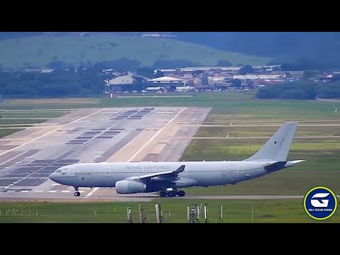 Decolagem do Airbus KC2 Voyager A330-243MRTT da Royal Air Force em Guarulhos em 14 de janeiro de 2022