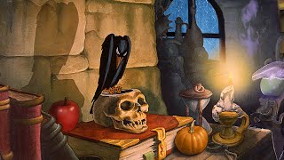 Halloween spooky night in the Witch's Lair 🎃 Oldies music w/ rain on window & boiling cauldron ASMR