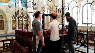 Bar mitzvah boy reading from the Torah at the four Sephardic synagogues, Jerusalem Israel