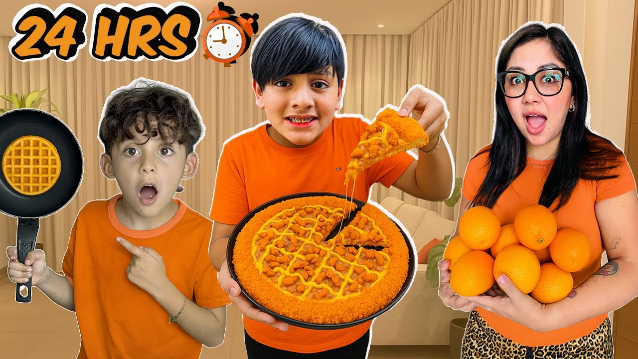 24 HORAS COMIENDO COMIDA NARANJA 🥕🍊 | Family Juega
