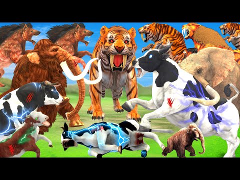 10 Giant Tigers vs 10 Zombie Cows vs Hyenas Attack Baby Mammoth Bull Save By Woolly Mammoth Elephant