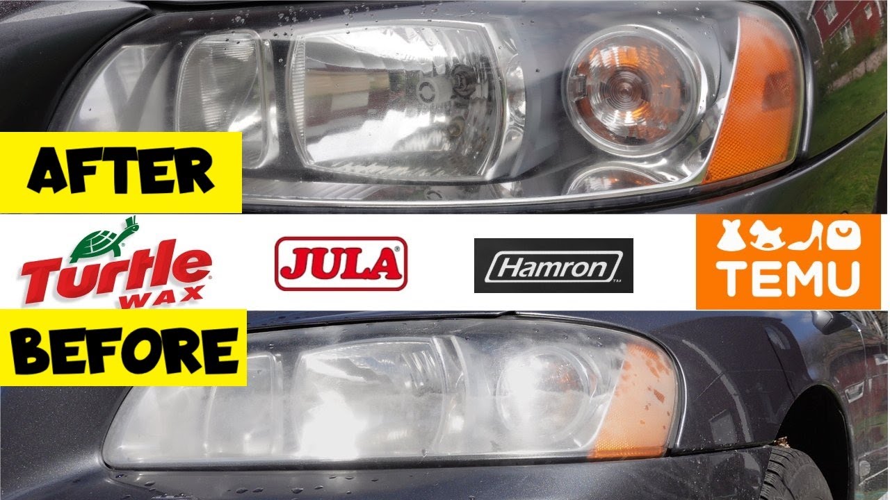 Vi provar olika medel från Jula och Temu för att rengöra strålkastare på bilen Turtle Wax och Hamron