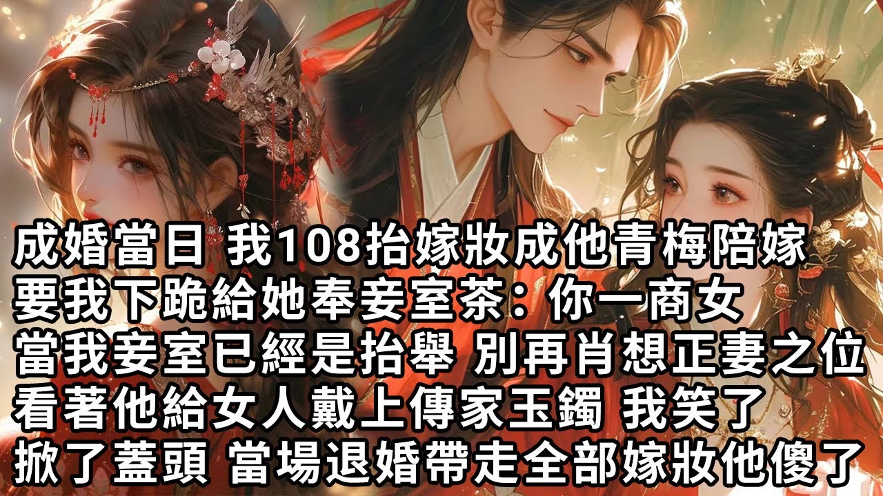【一口氣看完】成婚當日 我108抬嫁妝成他青梅陪嫁，要我下跪給她奉妾室茶：你一商女，當我妾室已經是抬舉 別再肖想正妻之位，看著他給女人戴上傳家玉鐲 我笑了，掀了蓋頭 當場退婚帶走全部嫁妝他傻了