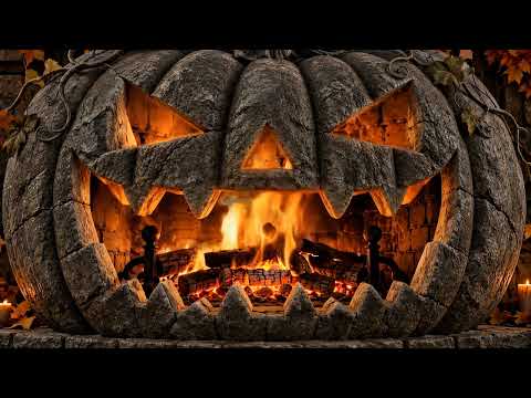 Jack-o'-Lantern Hearth: A great carved jack-o'-lantern of weathered stone grins across the room, its mouth a glowing hearth full of burning logs.