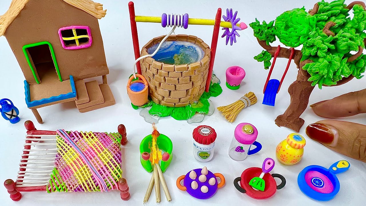 DIY How to make polymer clay miniature house, water well, kitchen set ...