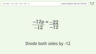 Linear equation with one unknown: Solve 2p+2(6-7p)+10=0 step-by-step solution