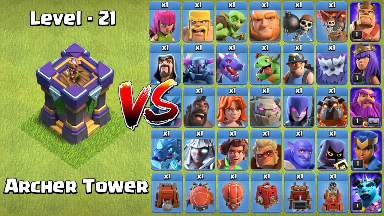 *Max* Archer Tower vs Level 1 Troops, Seige-Machine & Heroes | Clash Of Clans