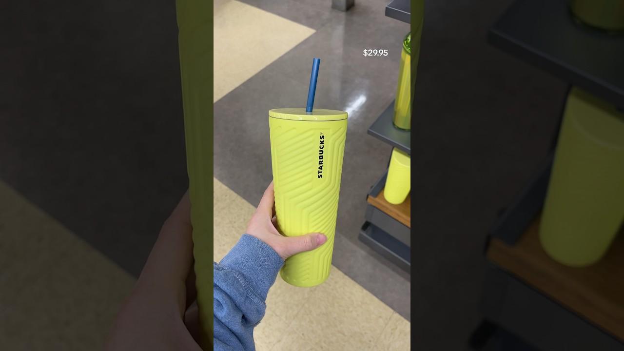 starbucks! yellow soft touch stainless steel cold cup, blue straw!💛💙