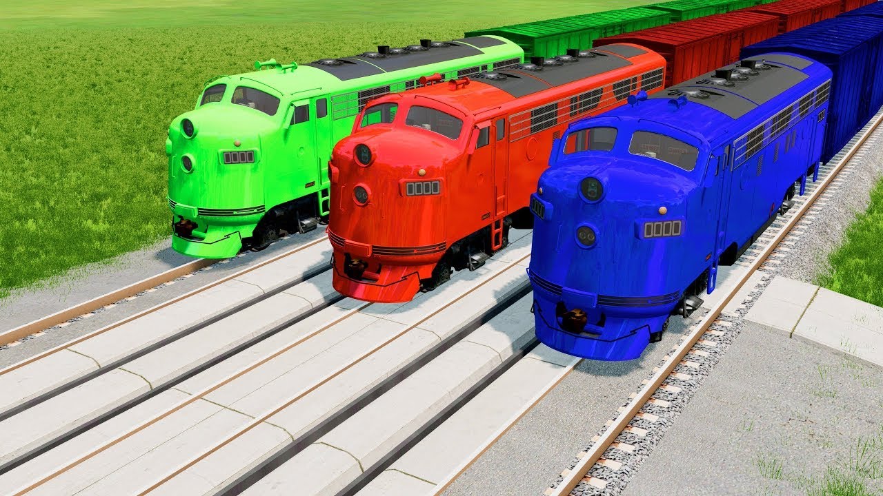 Triple Colorful Train Vs Red Vizor On Flatbed Trailer Vs Impossible Weird Rail Track in BeamNG.drive