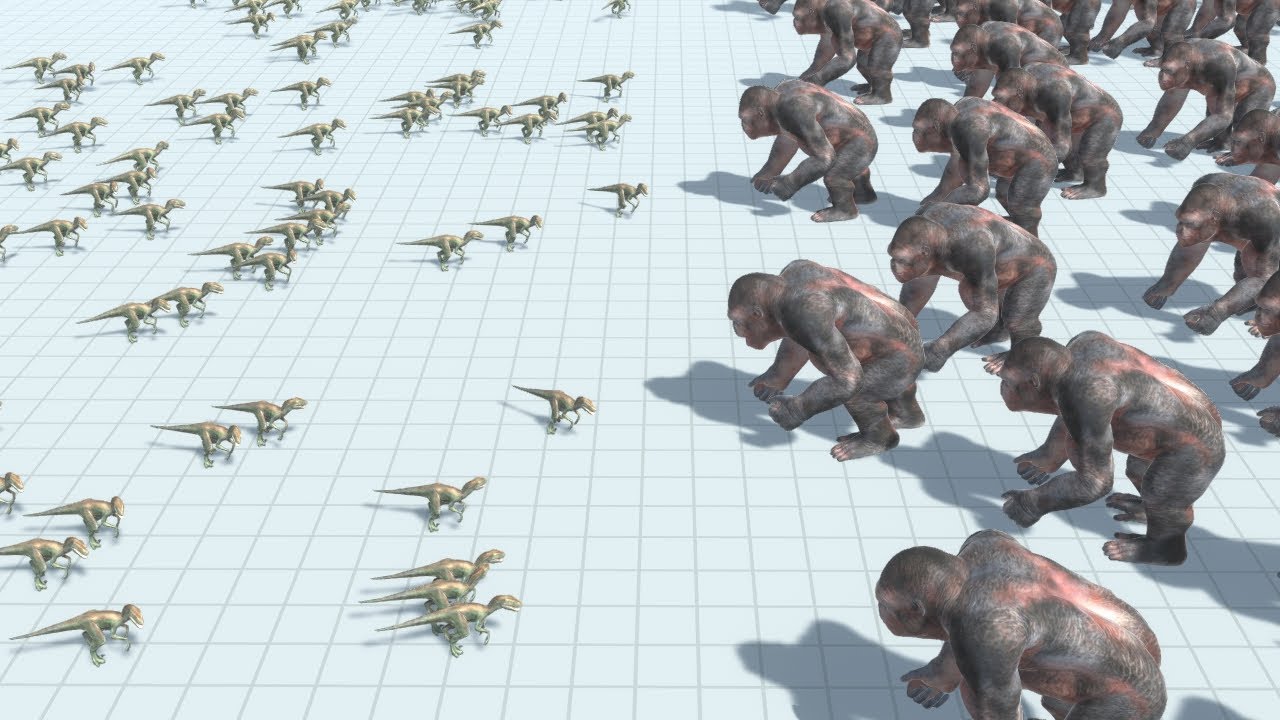 100 Velociraptor Army vs 100 Mutant Primates Ape Army ARBS Animal Revolt Battle Simulator