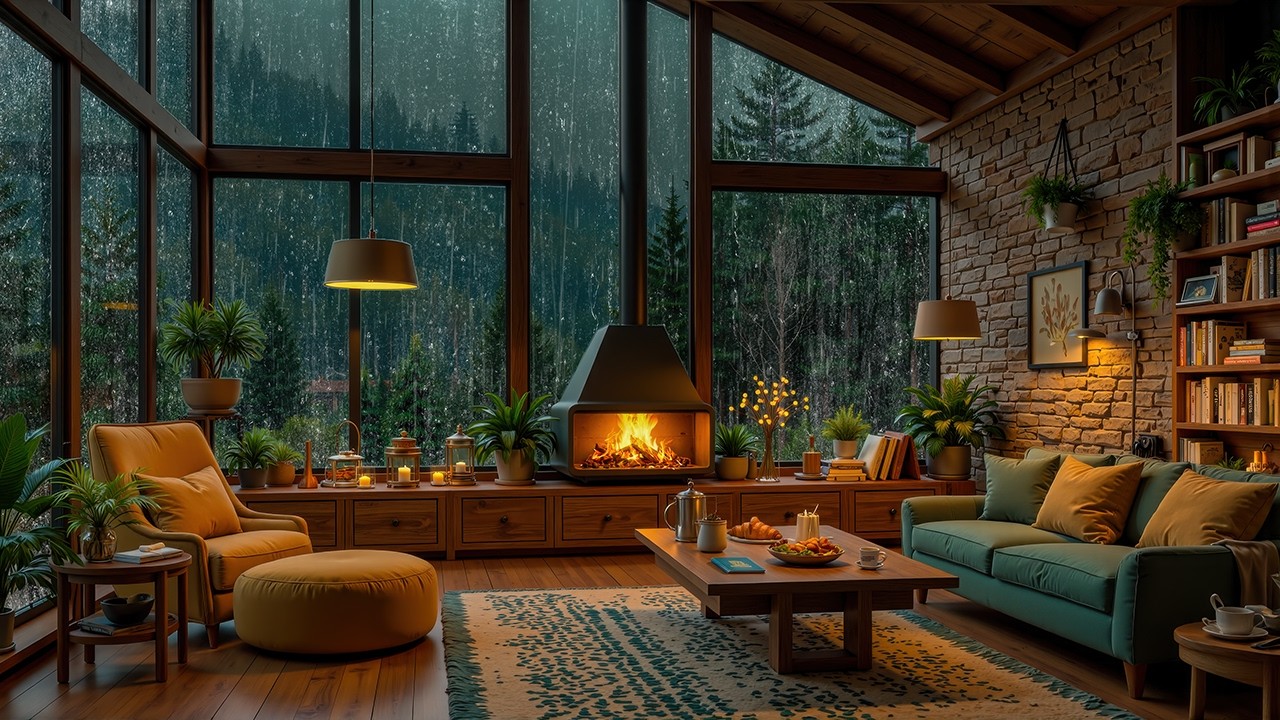 Rainy Forest Cabin Jazz ☔ Cozy Fireplace Ambience with Smooth Jazz Instrumental for Study & Relax
