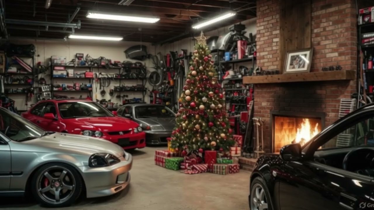 Christmas Fireplace Music in a Cozy Garage 🔥🎅 Hondas, Tools & Holiday Vibes| 3 Hours