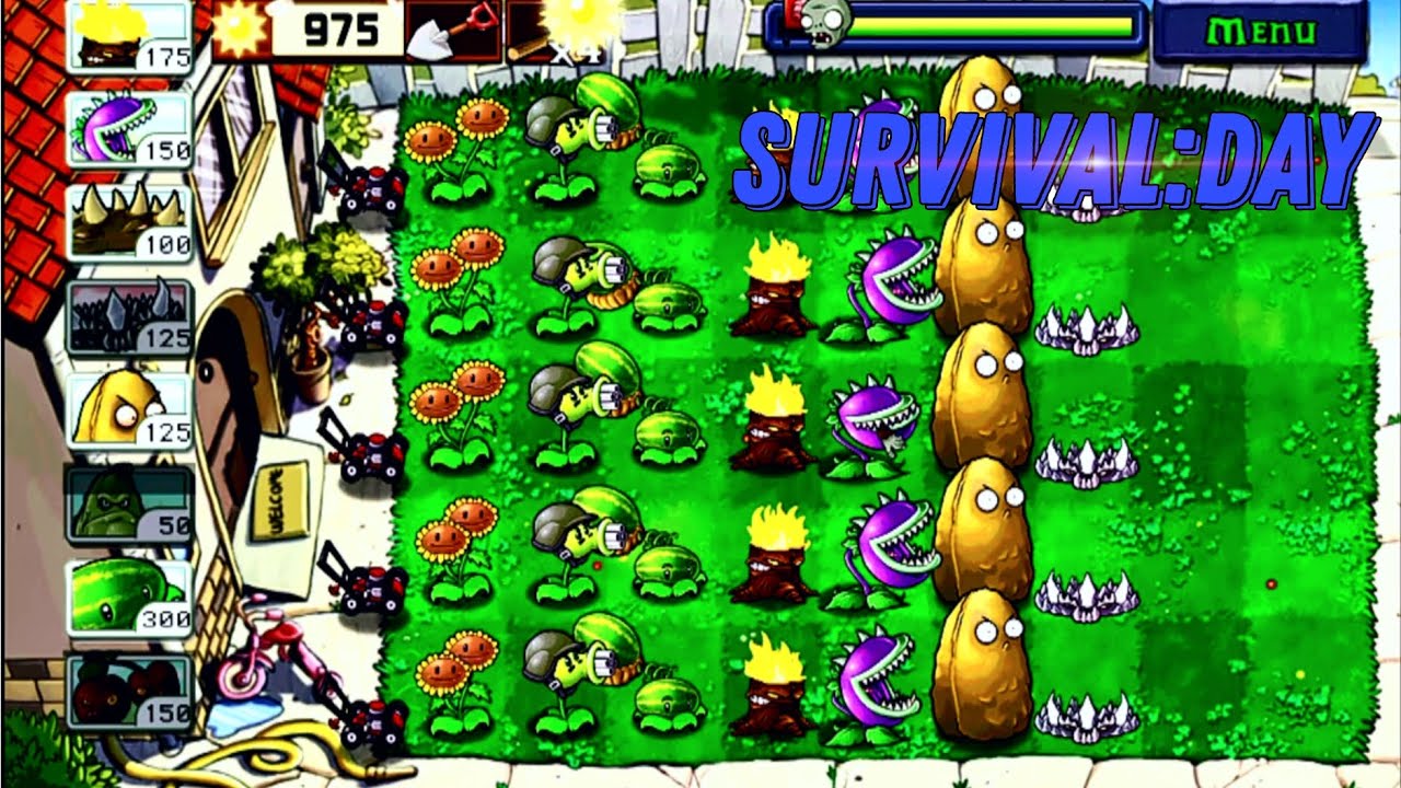 Plants vs Zombies:passing the mode:Survival(day).
