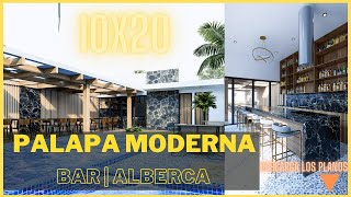 PLANO DE PALAPA MODERNA CON ALBERCA Y BAR EN 10X20 | TERRAZA DE DESCANSO