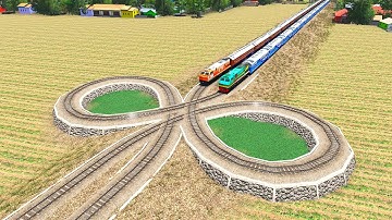 4 Trains Crossing On Double Looping Track-Kereta Api vs rel Berputar Kembar #106 | BeamNG.Drive