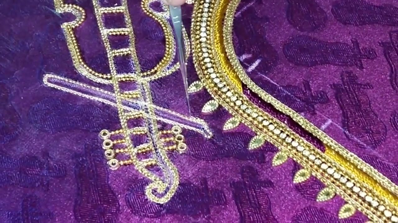 Hand embroidery neck design for silk saree blouse Aari Maggam work