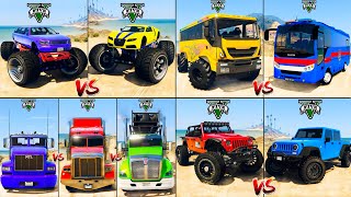 Monster Limouisine vs Police bus vs Coca Cola Truck vs Iveco Bus - GTA 5 Cars COMPILATION