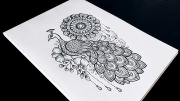 Peacock Drawing/Peacock Mandala art/Peacock Mandala with Blooming Flowers/How to draw mandala easy