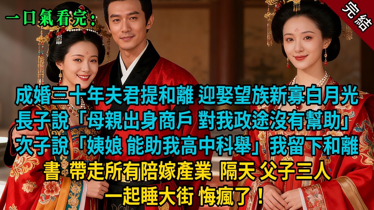 【完結爽文】成婚三十年夫君提和離，迎娶望族新寡白月光。長子說「母親出身商戶，對我政途沒有幫助」次子說「姨娘，能助我高中科舉」我留下和離書，帶走所有陪嫁產業。隔天，父子三人一起睡大街，悔瘋了！】