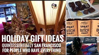 A San Francisco Holiday Gift Guide
For the person who has everything.
Do you have someone on your holiday gift list this year who is hard to buy for? Ive scoped out four quintessentially San Francisco shops with both exquisite and funky products that you cant find anywhere else. If you cant make it down to the physical locations in person, all have an online presence so you can purchase from anywhere in the world a small slice of San Francisco!
Gumps (Union Square): A San Francisco based department store featuring luxury Asian-inspired, artisan-crafted goods. Everything from decorative arts, furniture, china, silverware, barware, bath products, stationary, clothing, and jewelry to name a few product categories.
135 Post Street
San Francisco, CA 94108
415-982-1616
www.gumps.com
Frankie & Myrrh (Crocker Galleria, Financial District): Funky and irreverent aromatherapy oils that are also reasonably priced. Theres a blend for all occasions like Spray the Bitch Away, Get The Junk Out My Trunk, and Serenity Now!!
50 Post Street
2nd Level, Space 34
San Francisco, CA 94104
www.frankieandmyrrh.com
Recchiuti Confections (Ferry Building): Exquisite handmade chocolate truffles in unusual flavors like Grapefruit Tarragon, Lemon Verbena, and Spring Jasmine Tea. Each collection is beautifully packaged in a high quality black and brown box.
One Ferry Building,
Shop #30
San Francisco, CA 94111
415-834-9494
e-mail: fbmstore@recchiuti.com
Open Mondays through Fridays from 10AM-7PM, Saturdays from 8AM-6PM and Sundays from 10AM-5PM
Also at theLAB (Dogpatch)
801 Twenty-second Street
San Francisco, CA 94107
Open Mondays through Fridays from 12PM-7PM, Saturdays from 11AM-6PM, and Sundays from 12PM-6PM
website: www.recchiuti.com
Benny Gold Streetwear (Mission District): Reasonably priced skater fashions designed by Benny Gold. Good quality fabrics and vibrant illustrations. His signature airplane and Stay Gold motto are cleverly incorporated throughout.
968 Valencia Street
San Francisco, CA 94110
415-814-3940
e-mail: contact@bennygold.com
website: www.bennygold.com
Open everyday from 11AM-7PM
Many thanks to the following artist for use of their music in this video:
Hip Hop Christmas by Twin Musicom is licensed under a Creative Commons Attribution license (https://creativecommons.org/licenses/by/4.0/)
Artist: http://www.twinmusicom.org/
Dance of the Sugar Plum Fairies by Kevin MacLeod is licensed under a Creative Commons Attribution license (https://creativecommons.org/licenses/by/4.0/)
Source: http://incompetech.com/music/royalty-free/index.html?isrc=USUAN1100270
Artist: http://incompetech.com/
Backed Vibes - Rollin at 5 by Kevin MacLeod is licensed under a Creative Commons Attribution license (https://creativecommons.org/licenses/by/4.0/)
Source: http://incompetech.com/music/royalty-free/index.html?isrc=USUAN1100422
Artist: http://incompetech.com/ A San Francisco Holiday Gift Guide