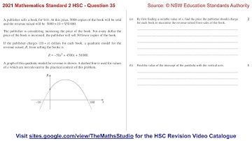 2021 Maths Standard 2 HSC Q35 Solve financial problem involving quadratic model & parabola graph