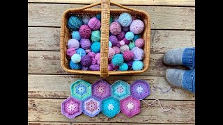 Happy Hours Hexagon Crochet Scrap Blanket Tutorial using Lion Brand Mandala yarn scraps