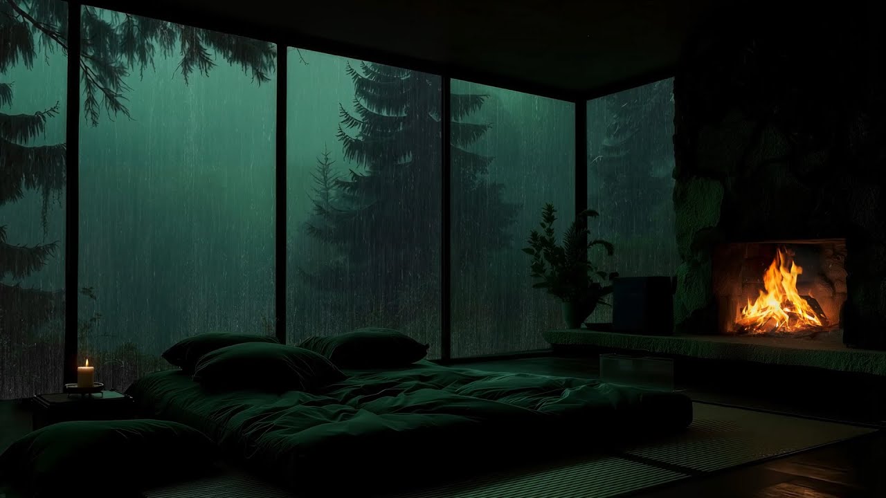 A Quiet Dark Room While Rain Falls Outside 🌧️ Fireplace Warmth and Slow Piano at Night
