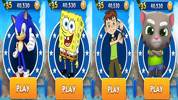 Sonic Dash vs Ben 10 Up to Speed vs Talking Tom Gold Run vs SpongeBob RUn - All Characters Unlocked