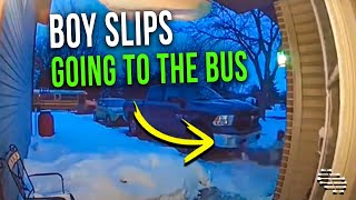 Boy Slips and Falls as He Tries to Get Out to the Bus Early Morning