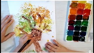 Kids art | Handprint | Autumn tree | Fingerprint | Tooth Brush Painting | by Winged Art Kids
