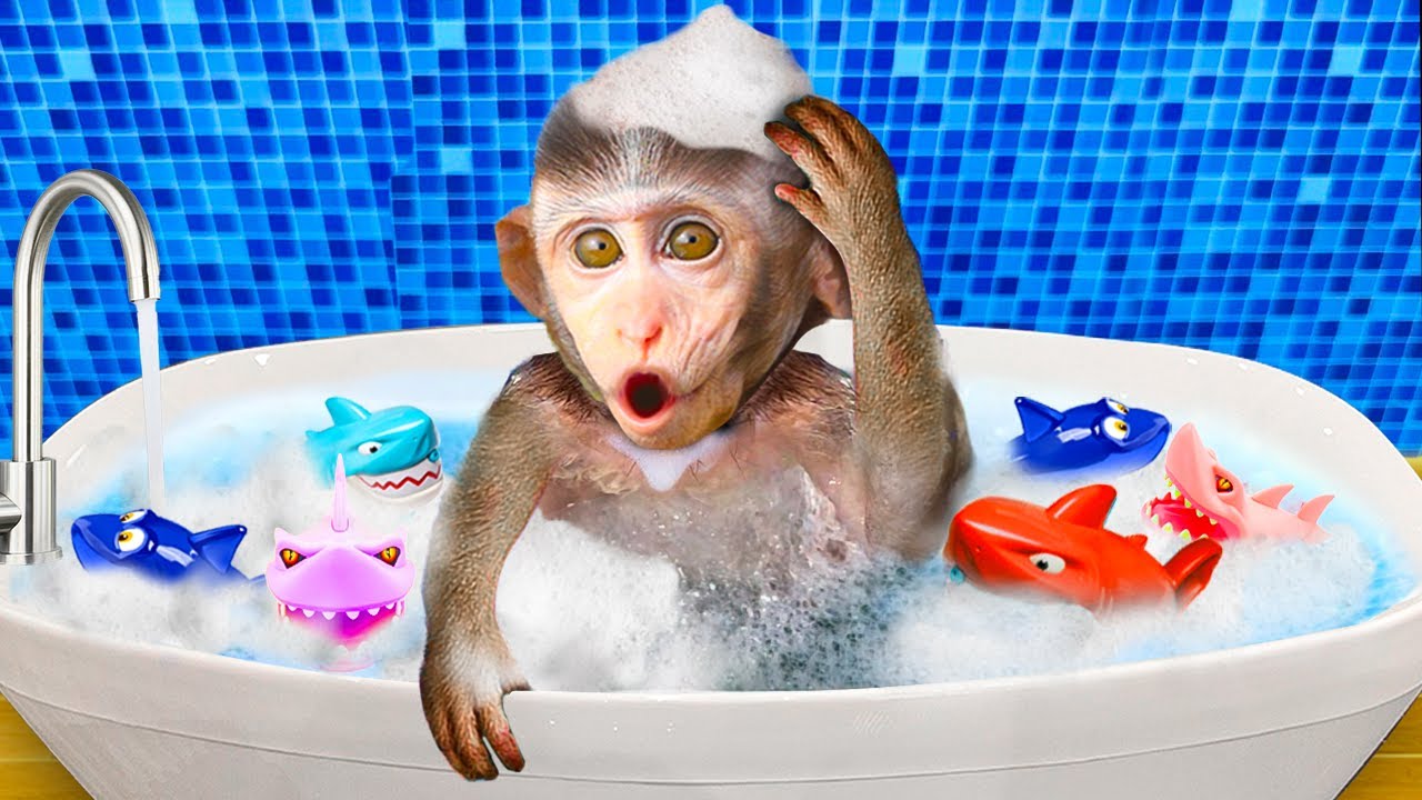 Monkey Banana  Bim Bim play with shark in the bathtub