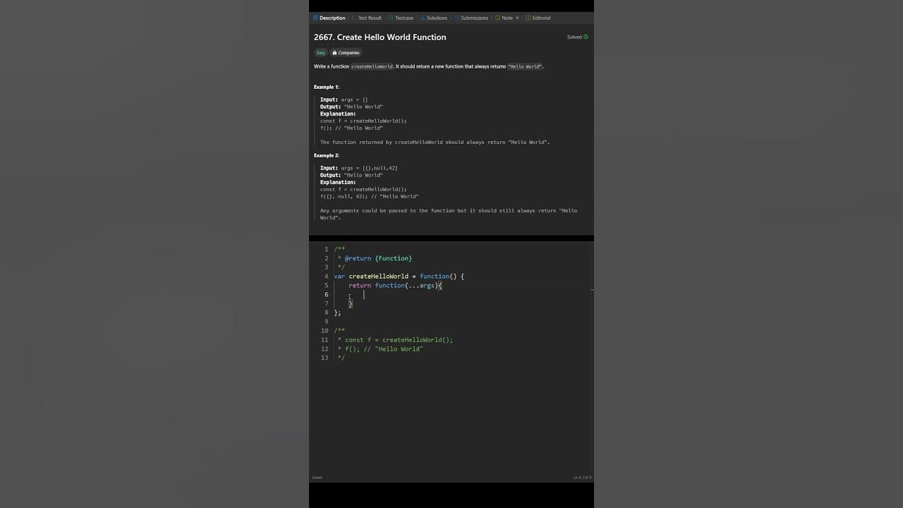 30 Days of JavaScript LeetCode, Create Hello World Function(2667) # ...
