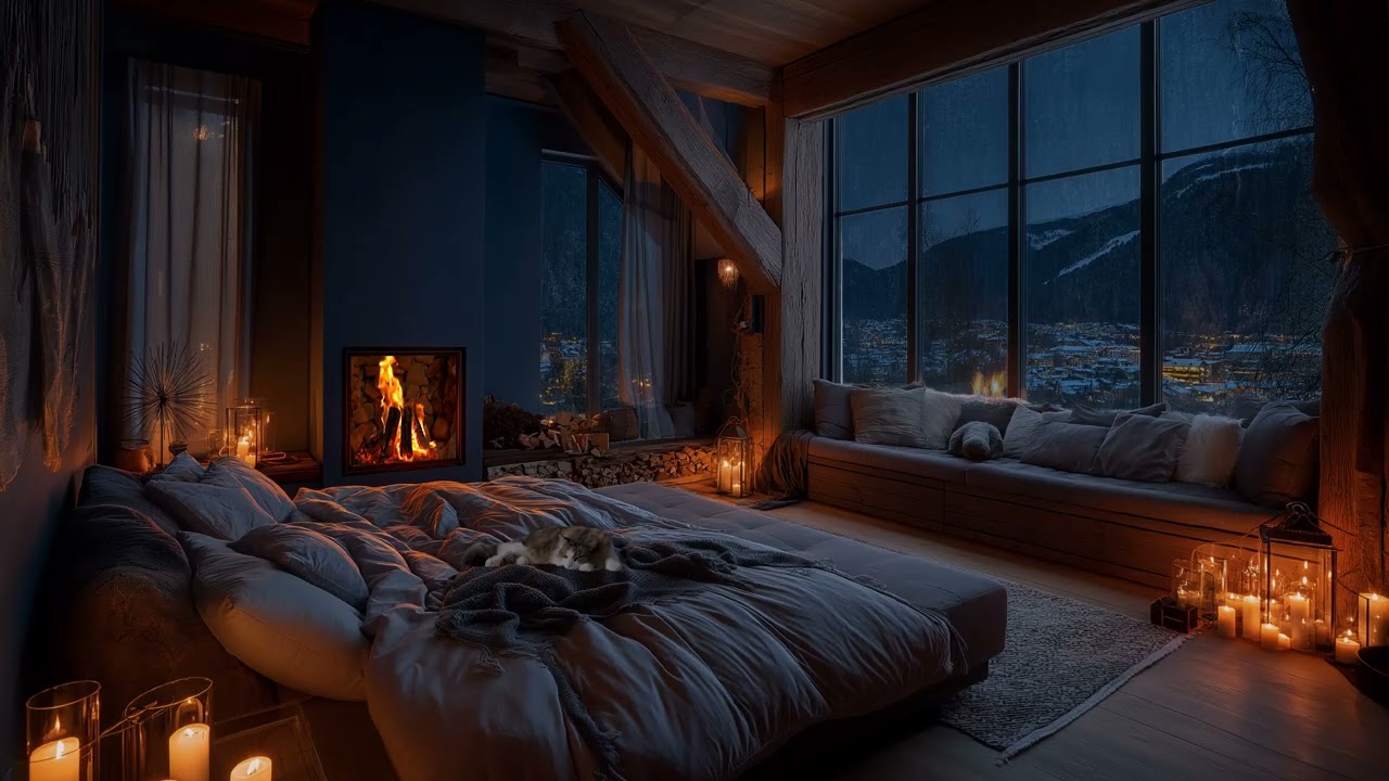 Cozy Cabin Thunderstorm ⛈️ Crackling Fireplace, Heavy Rain & Sleeping Cat for Deep Sleep