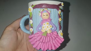 Cute girl with colorful dress/ polymer clay mug tutorial طريقة عمل بنت علي مج بالصلصال الحراري 