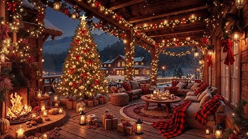 Deep Christmas Jazz Music & Gentle Snowfall ❄️ Fireplace Sounds with Cozy Christmas Porch Ambience