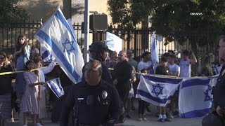 Pro-Palestinian, Pro-Israeli Protesters Gather Outside Synagogue in Valley Village