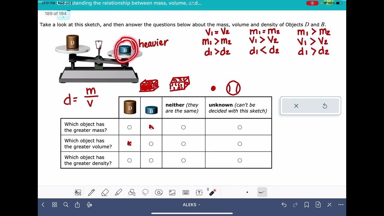 Aleks understanding the relationship between mass volume and density