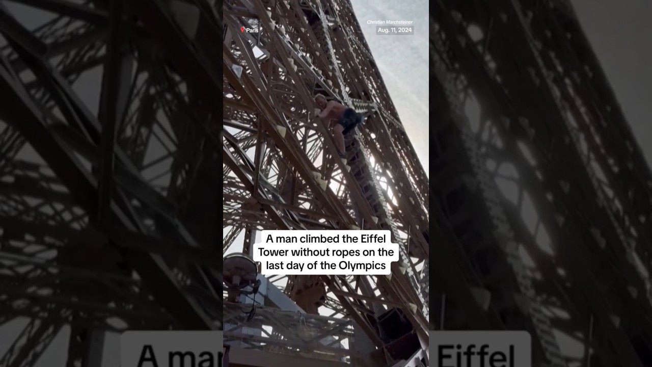 A man climbed the Eiffel Tower without ropes on the last day of the Olympics A man climbed the Eiffel Tower without ropes on the last day of the Olympics