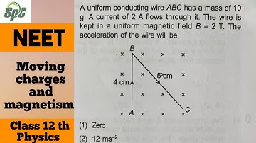 A uniform conducting wire ABC has a mass 10 g . A current of 2 A flows through it . The wire is kept