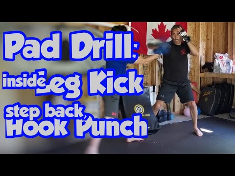 Pad Drill: Leg kick, Step Back Hook Punch