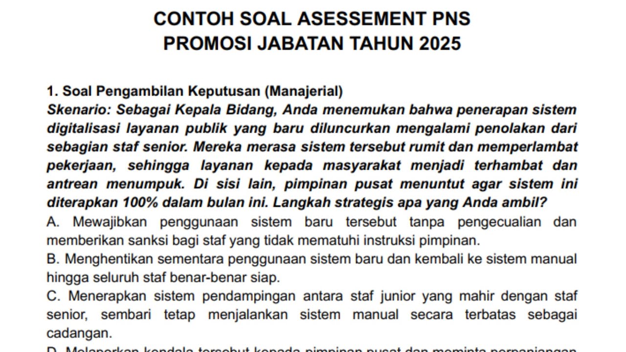 Contoh Soal Assessment PNS Promosi Jabatan Tahun 2025 Pembahasan