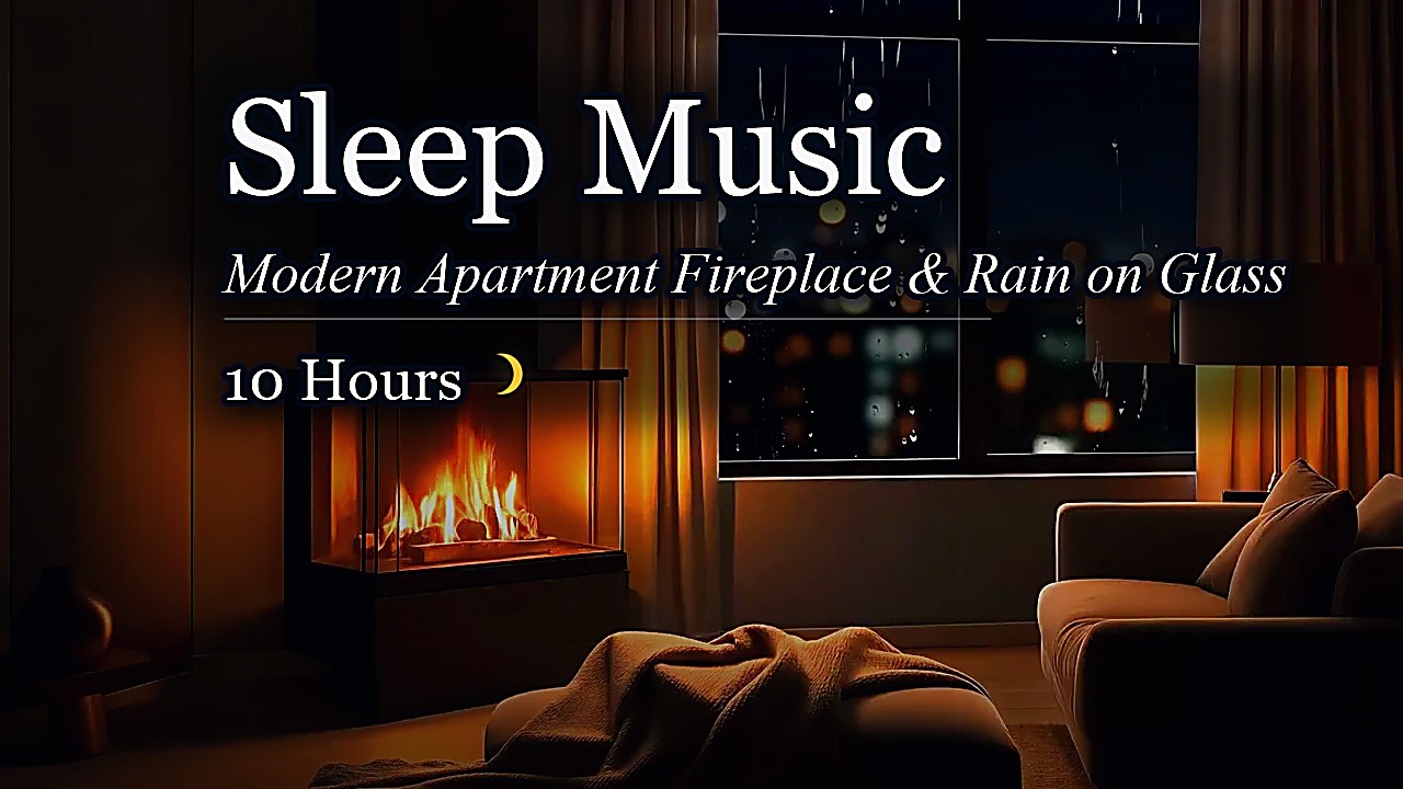 Sleep Music | Modern Apartment Fireplace & Rain on Glass | 10 Hours 🌙 (4K)