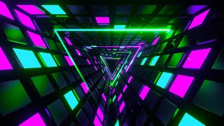 🔷 Écran de Veille 4K – Tunnel Digital Néon Vert et Violet avec Triangles Psychédéliques (Sans Son)