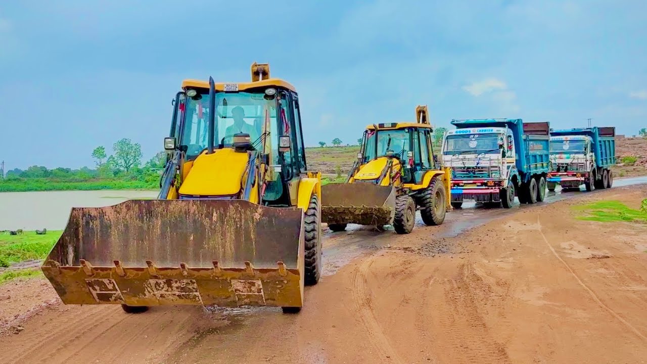2 JCB 3dx Machines Loading Mud in TATA Dump Trucks Tippers together working with JCB 3dx Xpert