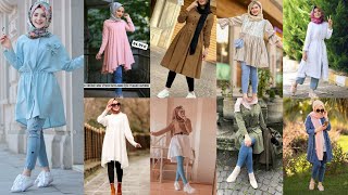 matching hijabs with jeans and tops | Muslim girls fashion outfits| modern Muslim girls fashion Resimi