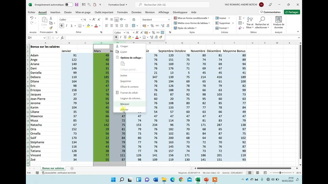 Cours Excel N°6 Insérer, Masquer, Ajuster, Grouper et Dissocier des colonnes et des lignes