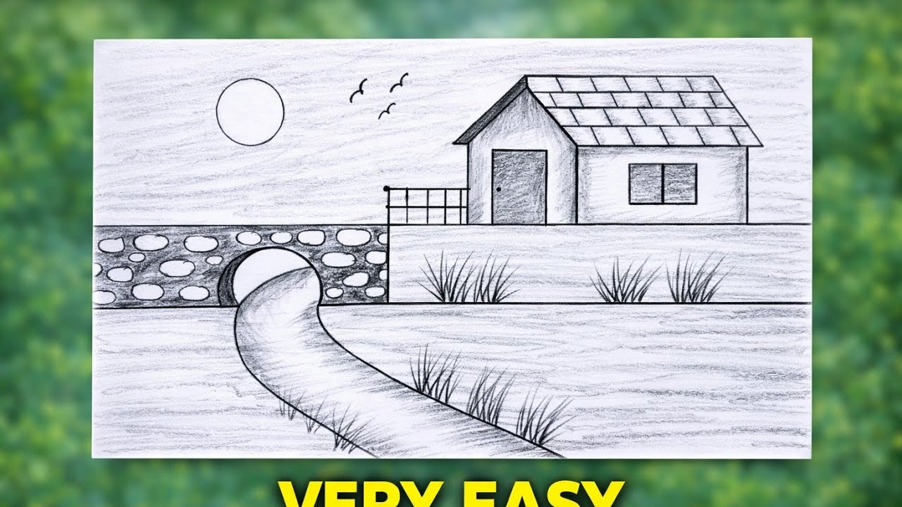 Very Easy Nature Scenery Drawing for Beginners | River & House Landscape | House drawing |