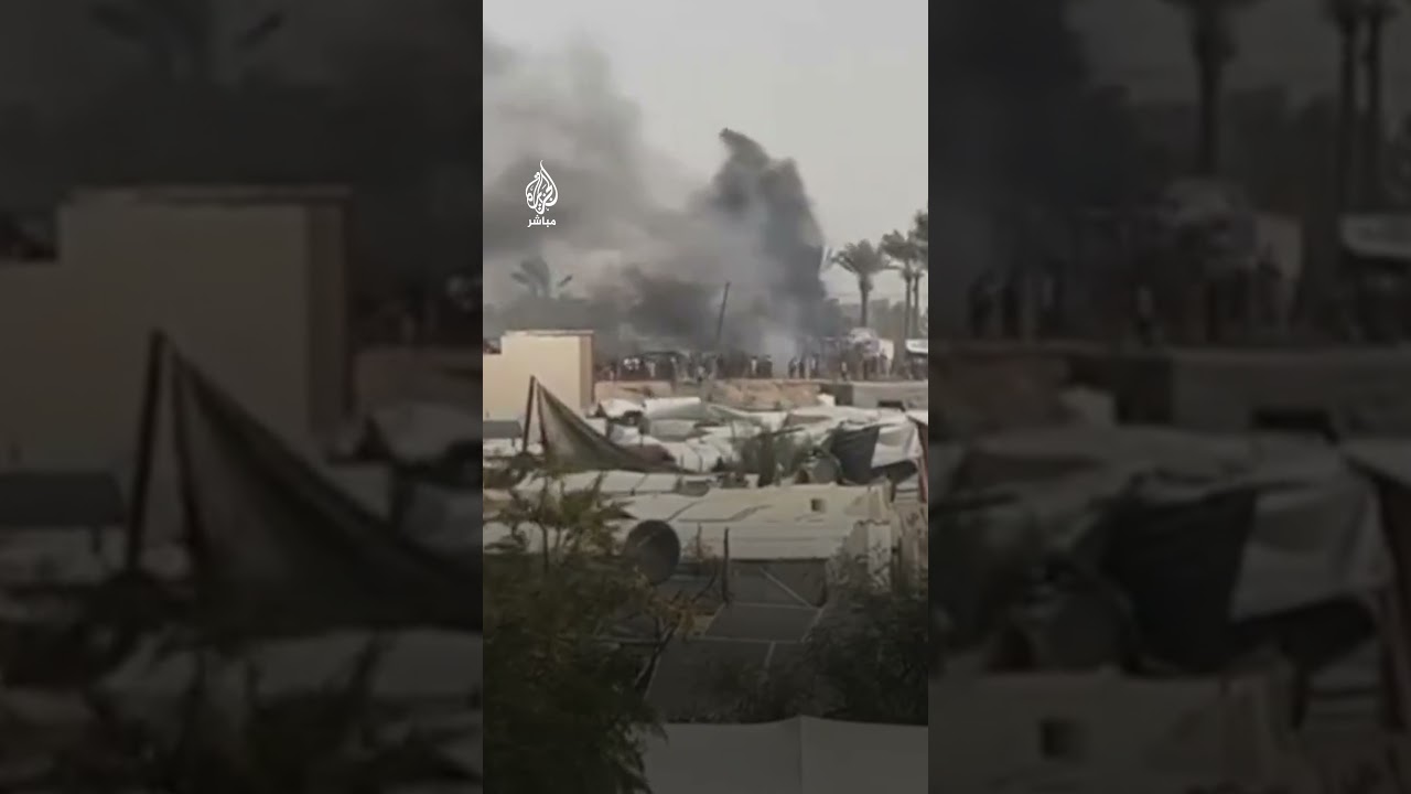 حريق في خيام النازحين شمال مواصي خان يونس إثر القصف الإسرائيلي